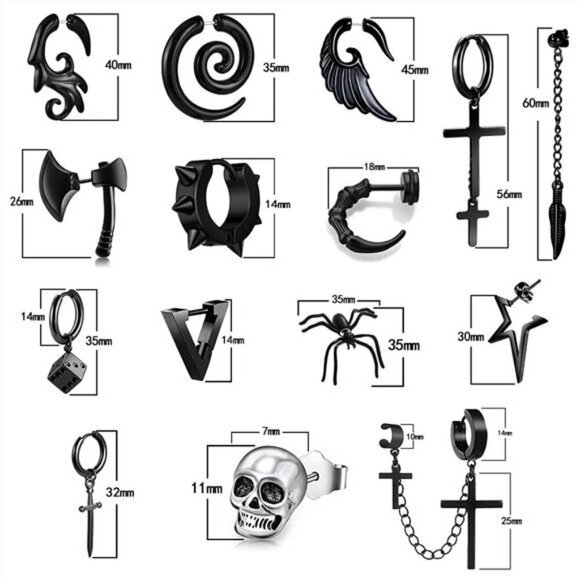Gothic Punk Earring Set–15 Pairs Black Stainless Steel Studs, Hoops & Drop - Picture 2 of 6